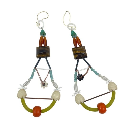 Bohemian Style Handmade Dangle Tiger Eye Earrings With Beads and Charms - Picture 7 of 9